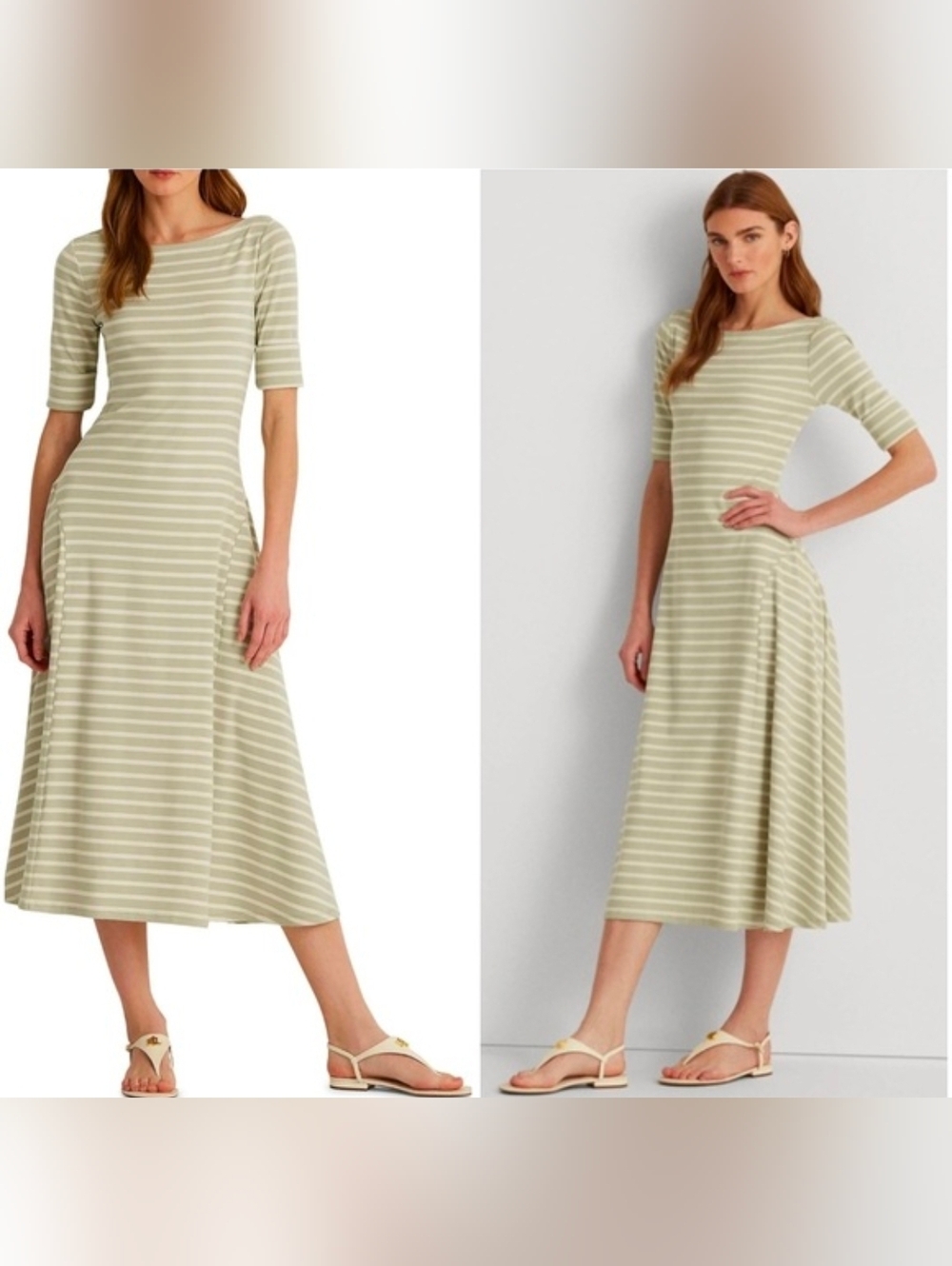 Lauren Ralph Lauren Dress Sz M Sage Cream Striped Fit Flare Midi Stretch